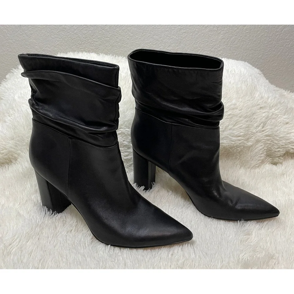 Marc Fisher Ltd Unana Boots Womens 8.5 Black Leather Slouchy Ankle Heeled‎